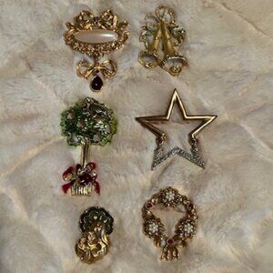 Six Vintage Christmas Brooches